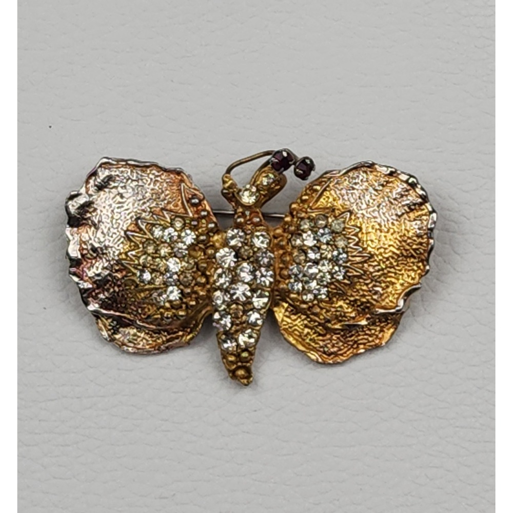 Vintage Philip Hulitar Butterfly Brooch Gold Silver Tone Rhinestone Pin 2in